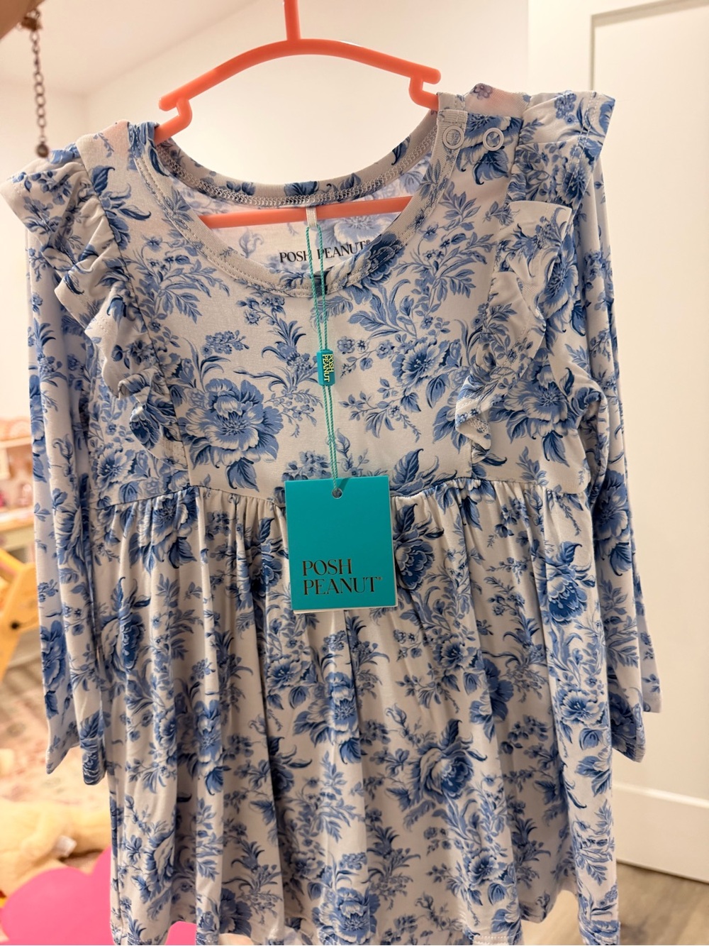 Posh Peanut Blue Floral Ruffle Long Sleeve Dress